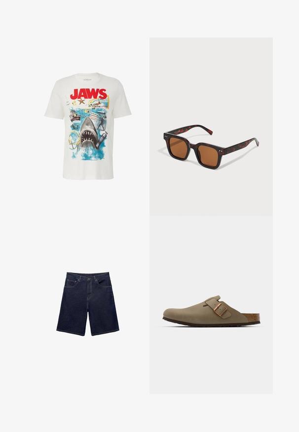 Witte katoenen T-shirt met een graphic design van een haai en strand elementen. Tekst "JAWS" in vet rood, met kleurrijke afbeeldingen en accenten.; Korte mouwen overhemden met blauw en witte verticale strepen, een puntige kraag en een klein logo op de borst. Lichte stof.; Donkere blauwe denimshorts met een klassieke snit, vijf zakken en contrasterende stiksels. Glad textuur met een stevige tailleband.; Bruine klompen met een gladde, matte afwerking. Beschikt over een opvallende bronzen gesp aan de zijkant. Korken voetbed en rubberen buitenzool voor comfort.; Schildpadbril met een chunky vierkant montuur, bruine lenzen en subtiele zilveren accenten op de tempels. Gladde plastic textuur.