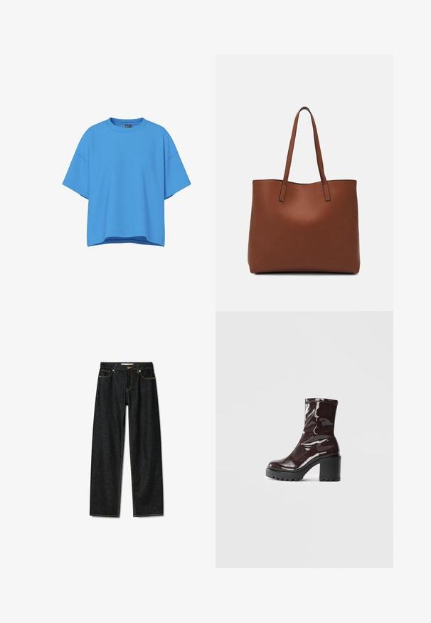 Kortärmad, oversized t-shirt i en ljusblå färg. Tillverkad av bomull, med en rund halsringning och en avslappnad passform.; Mörka denimjeans med rak passform, knappstängning i brons och kontrasterande gula sömmar. Har fem fickor och en klassisk passform.; Glansig bordeauxfärgad ankelsko med en kraftig svart klack, som har en slät yta och enkel design. Inga synliga stängningar eller mönster.; Brun läder tote-väska med en slät textur, öppen toppdesign och två axelremmar. Har minimal söm och ingen synlig metalldetalj.