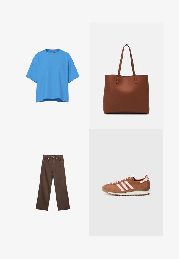Kortærmet, oversized t-shirt i en lys blå farve. Fremstillet af bomuld, med rund halsudskæring og en afslappet pasform.; Bredde ben brun denim jeans med høj talje, forlommer og klassisk knaplukning. Glat tekstur med diskret syninger.; Brun og lyserød Adidas-sneaker med ruskinddetaljer, tre lyserøde striber på siden og en hvid sål med en grøn accent.; Brun læder tote taske med en glat overflade, åben topdesign og to skulderremme. Har minimal syning og ingen synlig hardware.