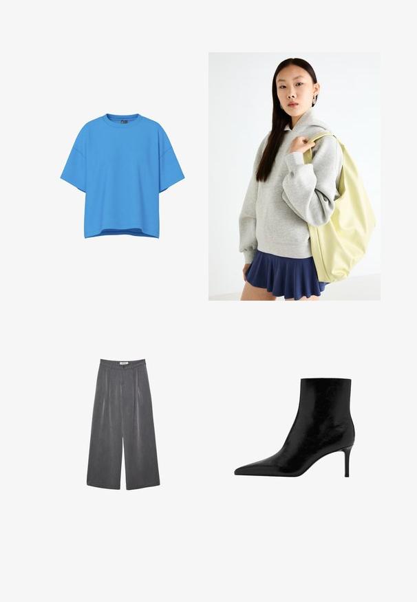 Lyhythihainen, ylisuurikokoinen t-paita kirkkaan sinisessä värissä. Valmistettu puuvillasta, jossa on pyöreä kaula-aukko ja rento istuvuus.; Pleated leveleijoushousut tummanharmaasta kankaasta, jossa on hieno rakenne. Ominaisuuksina napin suljenta ja klassinen vyötärönauhan muotoilu.; Musta nilkkuri, jossa on terävä kärki, valmistettu kiiltävästä nahasta. Varustettu korkean stiletto-kannan ja sileän pinnan kanssa. Ei näkyviä koristeita.; Harmaa ylipitkä huppari, jossa on kengurutasku, yhdistettynä tummansiniseen levenevään hameeseen. Asusteena: suuri vaaleankeltainen reppu, tasainen pinta.