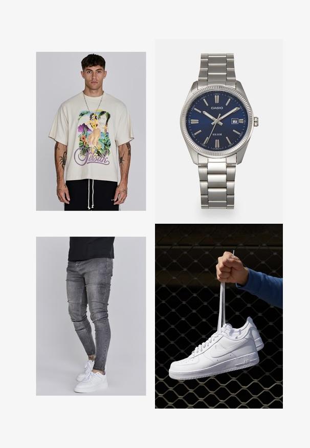 Beež oversized t-särk, puuvilla segu, millel on värvikas troopiline grafik ja "SikSilk" tekst. Lühikesed varrukad ja vaba lõige.; Kitsad teksad tuhmhall denimil, millel on kulunud detailid põlvedes, koos valgete tossudega. Sile tekstuur, kitsas lõige.; Valged nahast tennisetossud, millel on perforatsioonid, ümar nina, lame tallus ja paksud nöörid, nähtava swooshi logoga ja "AIR" kontsadel.; Hõbedane roostevabast terasest käekell, tumesinise lõpliku, metallsete tuntud numbrite ja kuupäevanäidikuga kell 3 juures. Veekindel kuni 50 meetrit.