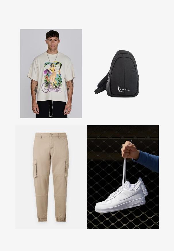 Beżowa, oversize t-shirt, z mieszanki bawełny, z kolorową tropikalną grafiką i napisem "SikSilk". Krótkie rękawy i luźny krój.; Beżowe spodnie cargo z lekkiego materiału bawełnianego. Posiadają elastyczne mankiety, wiele bocznych kieszeni oraz zapięcie na guzik.; Białe skórzane sneakersy z perforacjami, okrągłym noskiem, płaską podeszwą i grubymi sznurówkami, z widocznym logo swoosh i napisem „AIR” na pięcie.; Czarny plecak na ramię z gładkiego materiału, o zaokrąglonym kształcie, z zamykaną komorą i białym logo z przodu.