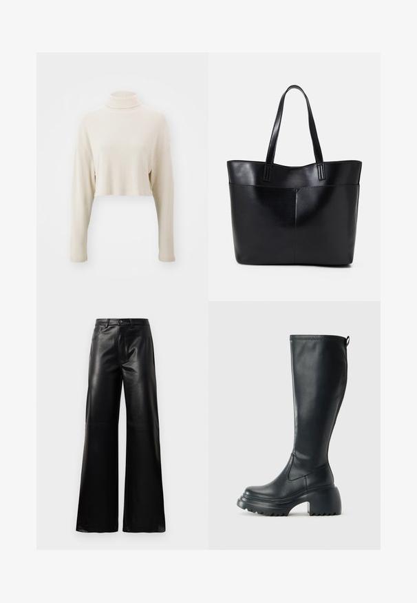 Cropped turtleneck sweater in soft beige ribbed fabric, featuring long sleeves and a relaxed fit, without any visible patterns or accents.; Black high-waist wide-leg faux leather pants with front button, zip closure, belt loops, and side pockets on white background.; Tall black leather boot with chunky platform sole and block heel, featuring pull tab and textured tread on outsole.; Black leather tote bag with two long handles, a smooth texture, and a structured shape. Features a front pocket for additional storage.