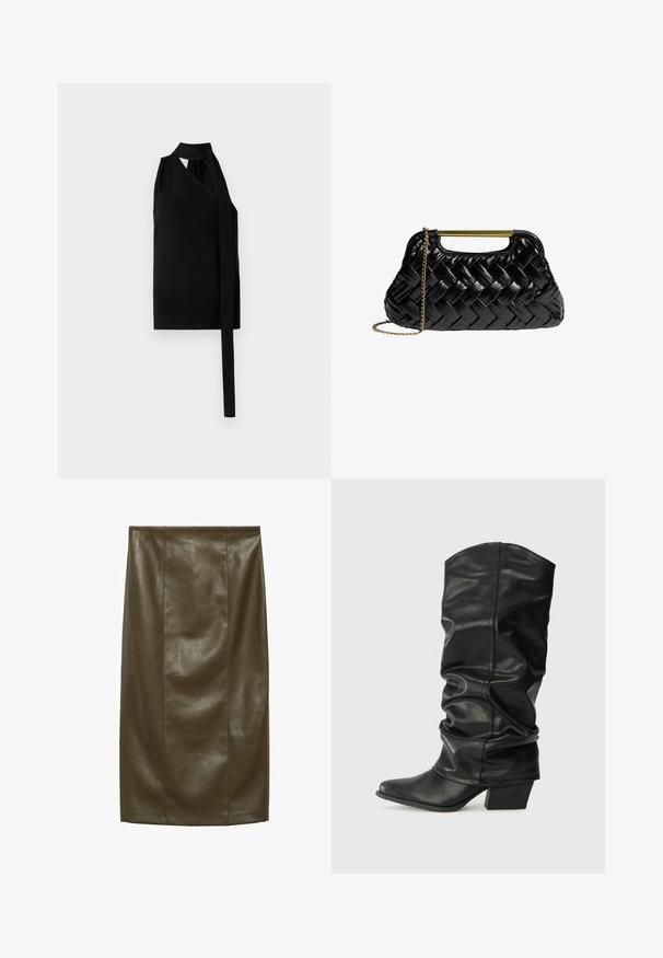 Svart ärmlös topp med en draperad asymmetrisk design, detaljer med knytning på sidan, tillverkad av mjukt tyg med en jämn textur.; Olivgrön kornivalsläderpencilkjol med en slät yta, knälång, med vertikala sömmar för en skräddarsydd look.; Svarta läderknähöga stövlar med en slapp design, spetsig tå och kraftig klack, med en mjuk yta och minimal sömnad.; Svart vävd läderhandväska med ett guldmetallhandtag och en avtagbar kedjestraps. Har en glänsande yta och mjuk, rundad form.