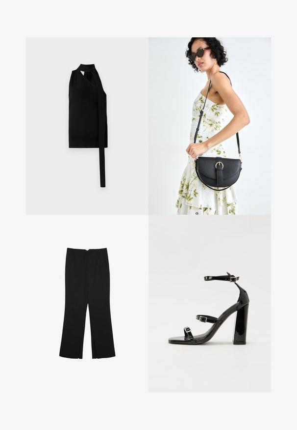 Črna brezrokavnik z drapirano asimetrično zasnovo, z detajlom za zavezovanje ob strani, izdelan iz mehkega materiala, ki ima gladko teksturo.; Črne hlače ravnega kroja z naglavnimi žepi in stranskimi razporki na robu. Narejene iz mehke, gladke tkanine. Primerne za različne priložnosti.; Črne lakirane sandale s peto, kvadratnim prstom, trakovi okrog gležnja in srebrnimi zaponkami. Opremljene so s stabilno Debelo peto.; Črna usnjena torbica s ukrivljeno obliko, z odstranljivo naramnico in zlatimi dodatki. Torbica ima pokrov s podrobnostmi v obliki zaponke.