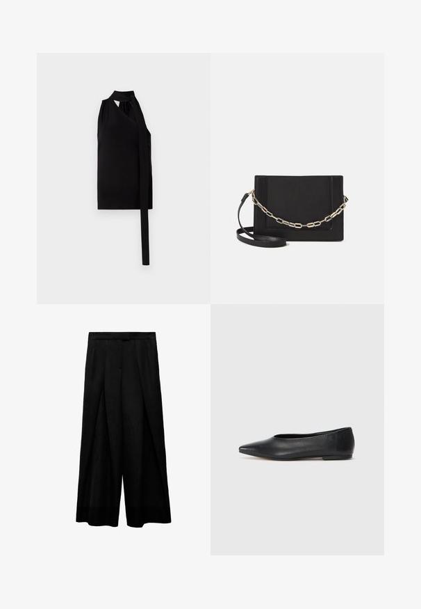 Sort ærmeløs top med en draperet asymmetrisk design, knyte-details på siden, lavet af blødt stof og med en glat tekstur.; Sorte bukser med brede ben og høj talje, der har frontfolder, en glat tekstur og en tætsiddende talje. Ingen synlige lommer.; Sort læder balletflade, spidse tæer, minimalistsk design, glat tekstur, lav hæl, ingen synlig hardware eller udsmykninger.; Sort læder crossbody taske med en glat tekstur, rektangulær form og en metallisk kæde detalje foran. Justerbar skulderrem inkluderet.