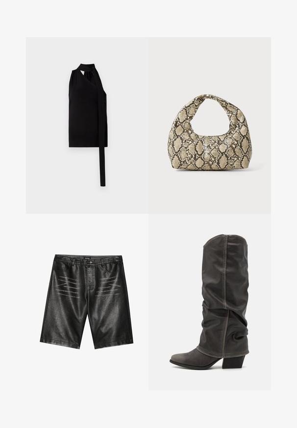 Mustat hihattomat yläosat, joissa on roikkuva epäsymmetrinen muotoilu, solmi yksityiskohta sivussa, valmistettu pehmeästä kankaasta, jossa on sileä pinta.; Mustat tekonahkahousut, joissa on sileä pinta, viisi taskua ja hillitty raidallinen yksityiskohta etuosassa. Klassinen suora leikkaus.; Harmaat nahkasaappaat, jotka ulottuvat vasikan korkeuteen, löysällä muotoilulla, terävällä kärjellä ja kasattulla korolla. Huomattava ompelutaito kärkialueella.; Käärmeennahkakuosiset käsilaukku, jossa on kaareva kahva. Tehty teksturoiduista beigeistä ja ruskeista materiaaleista, joissa on erottuva timanttikuvio.