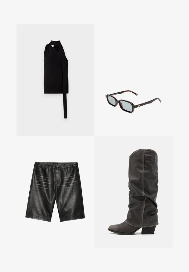 Sort ærmeløs top med en draperet asymmetrisk design, knyte-details på siden, lavet af blødt stof og med en glat tekstur.; Sorte faux lædershorts med en glat overflade, fem lommer og diskrete stribet detaljer fortil. Klassisk lige snit design.; Grå læder støvler op til læggen med et slouchy design, spidse tæer og stablet hæl. Bemærkelsesværdig syning detalje ved tåområdet.; Solsikker med rektangulære sorte og røde mønstrede stel, grå linser og guldaccent på stellets side. Designet er slankt og moderne.; Slangeprint håndtaske med et buet håndtag. Lavet af strukturerede, beige og brune materialer, med et karakteristisk diamantmønster.