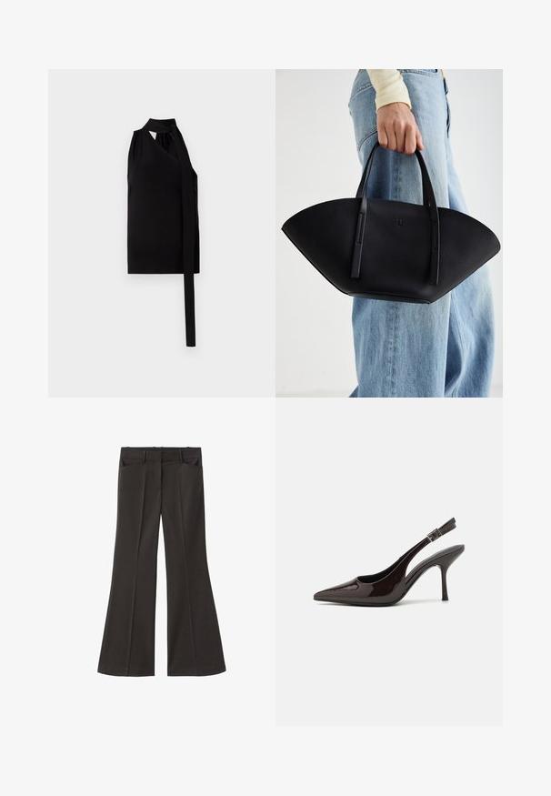 Czarny bezrękawnik z drapowaną asymetryczną konstrukcją, z detalem w postaci wiązania z boku, wykonany z miękkiego materiału, o gładkiej fakturze.; Czarne spodnie z szerokimi nogawkami i wysokim stanem; posiadają dwie przednie kieszenie oraz gładką teksturę materiału. Idealne na różne okazje.; Sandały na obcasie typu slingback z błyszczącej ciemno-brązowej lakierowanej skóry, w szpic, z otwartymi bokami i regulowanym paskiem wokół kostki.; Czarna skórzana torebka w unikalnym kształcie wachlarza, z płaskimi uchwytami. Powierzchnia ma fakturę kamyków i minimalistyczny design.