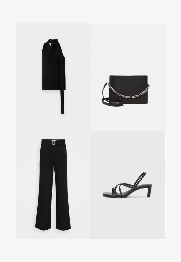 Svart ermeløs topp med drapert asymmetrisk design, knytdetalj på siden, laget av mykt stoff med en glatt tekstur.; Svarte vide bukser laget av lett materiale, med en glatt tekstur, frontfolding og et belte med firkantet metallspenne.; Sorte sandaler med stropper, firkantet tå og lav blokk hæl. Har flere tynne stropper og en justerbar ankelstropp. Laget av glatt lær.; Svart lær crossbody-veske med glatt tekstur, rektangulær form og metallkjede detaljer på framsiden. Justerbar stroppe inkludert.