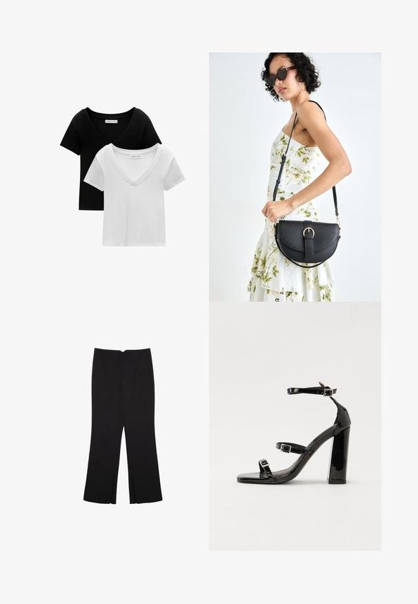 Pak dveh T-majic z V-izrezom v črni in beli barvi. Kratki rokavi, izdelane iz mehke bombažne tkanine, z našitim robom in sproščenim krojem.; Črne hlače ravnega kroja z naglavnimi žepi in stranskimi razporki na robu. Narejene iz mehke, gladke tkanine. Primerne za različne priložnosti.; Črne lakirane sandale s peto, kvadratnim prstom, trakovi okrog gležnja in srebrnimi zaponkami. Opremljene so s stabilno Debelo peto.; Črna usnjena torbica s ukrivljeno obliko, z odstranljivo naramnico in zlatimi dodatki. Torbica ima pokrov s podrobnostmi v obliki zaponke.