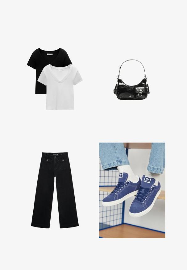 Pack of two V-neck t-shirts in black and white. Short sleeves, made of soft cotton fabric, featuring stitched trim and relaxed fit.; Black wide-leg jeans with a high waist, featuring two front pockets and metal button accents. The fabric has a smooth texture.; Navy blue Adidas sneakers made of suede, featuring white rubber soles, round toes, and a logo patch on the tongue. Bright white socks visible.; Black patent leather handbag with a curved shape, one shoulder strap, front pockets, and silver-tone hardware accents.