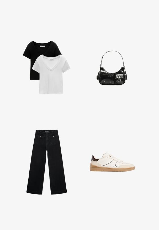 Kaksi V-kaulaista t-paitaa mustana ja valkoisena. Lyhyet hihat, pehmeää puuvillakangasta, ommeltu reuna ja rento malli.; Mustat leveälahkeiset farkut korkean vyötärön kanssa, joissa on kaksi etutaskua ja metalliset nappikoristeet. Kangas on sileä.; Stradivarius Matalavartiset tennarit - white; Mustekko mustasta kiiltonahasta valmistettu käsilaukku, jossa on kaareva muoto, yksi olkahihna, etutaskut ja hopeanväriset yksityiskohdat.