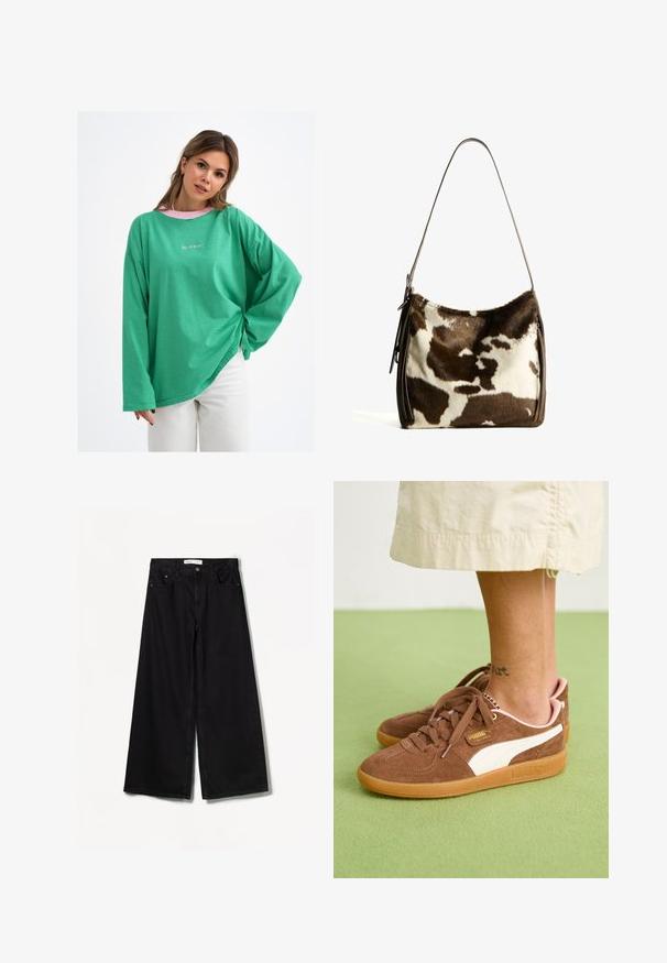 Groen gestreept overhemd met lange mouwen en een losse pasvorm, voorzien van een roze kraag en subtiele logo-detail aan de voorkant. Gemaakt van een katoenmix.; Bershka WIDE-LEG - Wide leg - black; Bruine suède sneakers met witte accenten, rubberen zool en roze hak. Veters en merkdetails zichtbaar. Enkel tattoo gedeeltelijk zichtbaar.; Bruine en crèmekleurige koeienhuid schoudertas met een gladde leren band, ritssluiting en een zachte, tekstuursurface met een natuurlijk patroon.