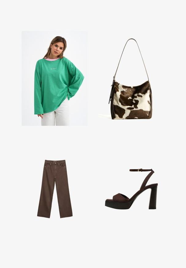 Groen gestreept overhemd met lange mouwen en een losse pasvorm, voorzien van een roze kraag en subtiele logo-detail aan de voorkant. Gemaakt van een katoenmix.; Brede bruine spijkerbroek van denim, met een hoge taille, voorzakken en een klassieke knoopsluiting. Soepele textuur met subtiele stiksels.; Bruine suède high-heeled sandaal met een open teen, verstelbare enkelband en een gestreepte plateauzool.; Bruine en crèmekleurige koeienhuid schoudertas met een gladde leren band, ritssluiting en een zachte, tekstuursurface met een natuurlijk patroon.