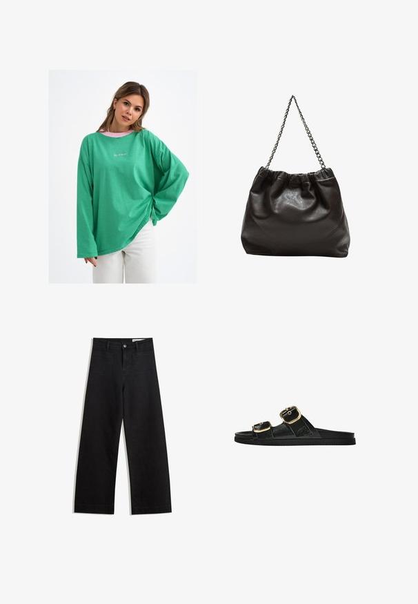 Grünes gestreiftes Langarmshirt mit lockerer Passform, das einen pinken Kragen und dezente Logodetails auf der Vorderseite aufweist. Baumwollmischung.; Schwarze weit geschnittene Jeans mit hoher Taille, ausgestattet mit Vorder- und Hintertaschen, gesteppten Nähten und einem Knopfverschluss. Glatte Textur.; Schwarze Riemensandale mit zwei goldenen Schnallendetails, glattem Material, flachem Sohlen und minimalistischer Gestaltung.; Braune Lederhandtasche mit gerafftem Oberteil und Kettenriemen. Glatte Textur mit glänzendem Finish und subtilen Nahtdetails an den Seiten.