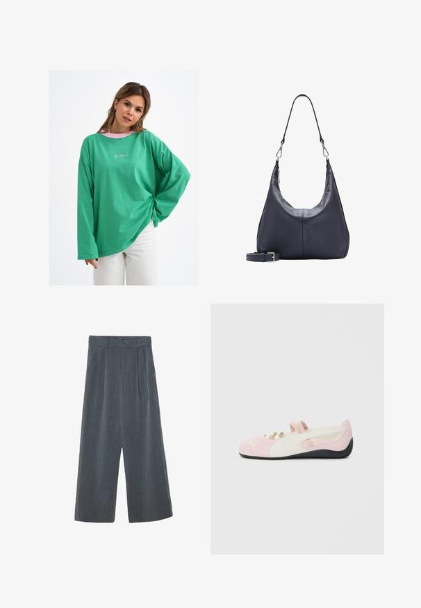 Grünes gestreiftes Langarmshirt mit lockerer Passform, das einen pinken Kragen und dezente Logodetails auf der Vorderseite aufweist. Baumwollmischung.; Weite Hosen in Dunkelgrau mit texturiertem Stoff, gefaltetem Vorderteil und einem hoch geschnittenen Design mit glattem Taillenbund.; Rosa Wildlederschuhe zum Hineinschlüpfen mit weißen Akzenten, Gummisohle und elastischen Riemen. Verfügt über ein strukturiertes Design und ein kleines Logo auf der Vorderseite.; Dunkelblaues Leder-Crossbody-Bag mit abnehmbarem Schultergurt, silbernen Verschlüssen und dezentem vertikalem Logo-Detail in der Mitte vorne.
