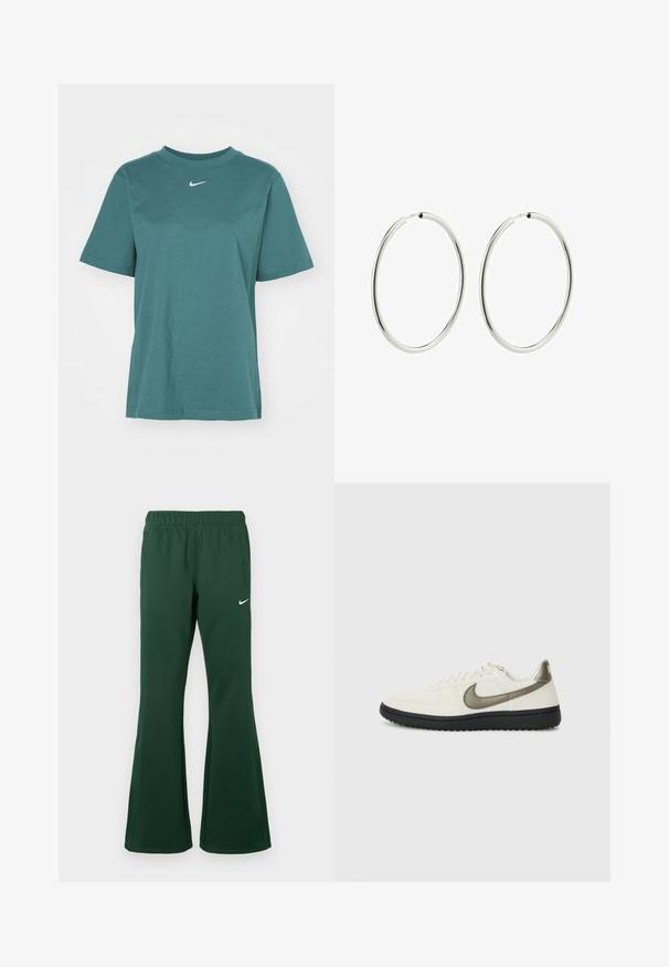 Nike Sportswear TEE - Jednoduché tričko - vintage green/white; Tmavě zelené Nike tepláky s elastickým pasem, bočními kapsami, rozšířenými nohavicemi a bílým logem Nike swoosh na levém stehně.; Nike Sportswear FIELD GENERAL - Tenisky - off-white/black; Stříbrné kruhové náušnice s hladkým, lesklým povrchem. Kružnicový tvar, rovnoměrná šířka, navrženy pro snadné zapínání. Jednoduché a elegantní.