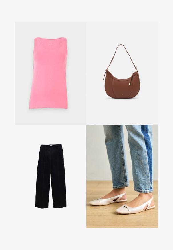 Rozā topiņš no mīksta auduma, ar apaļu kakla izgriezumu un šaurām siksnām. Gluda tekstūra, pieguļoša piegriezuma un bez rakstiem.; Jūras zilas korduroja bikses ar platām kājām un taisnu griezumu, priekšējām krokām un smalku tekstūru. Ar jostu cilpiņām un metāla rāvējslēdzēju.; Bālti rozā siksniņu dzīvokļi ar smailu purngalu, izgatavoti no gludas ādas līdzīgās materiāla. Iezīmē izgriezumu detaļas sānos un platu papēdi.; Brūns mākslīgās ādas pleca soma ar izliekta forma, minimāls šuvums un zelta toņa aparatūras akcenti. Aprīkota ar augšējo rāvējslēdzēju un regulējamu siksnu.