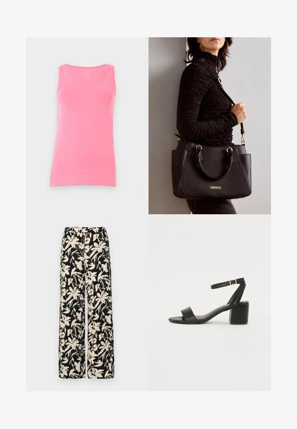 Roze tanktop van zachte stof, met een ronde halslijn en smalle bandjes. Gladde textuur met een aansluitende snit en zonder patronen.; Zwarte wijde broek met een crèmekleurig bloemenpatroon. Gemaakt van lichtgewicht stof, met een zachte textuur en een hoge tailleband.; Zwarte hoge sandaal met een soepel leren bovenkant, een open teen, brede voorkruisbanden en een verstelbare enkelband met een gouden gespdetail.; Zwarte handtas met gestructureerd oppervlak, dubbele bovenhandvatten en verstelbare schouderriem. Voorzien van goudkleurige hardware en zijzakken.