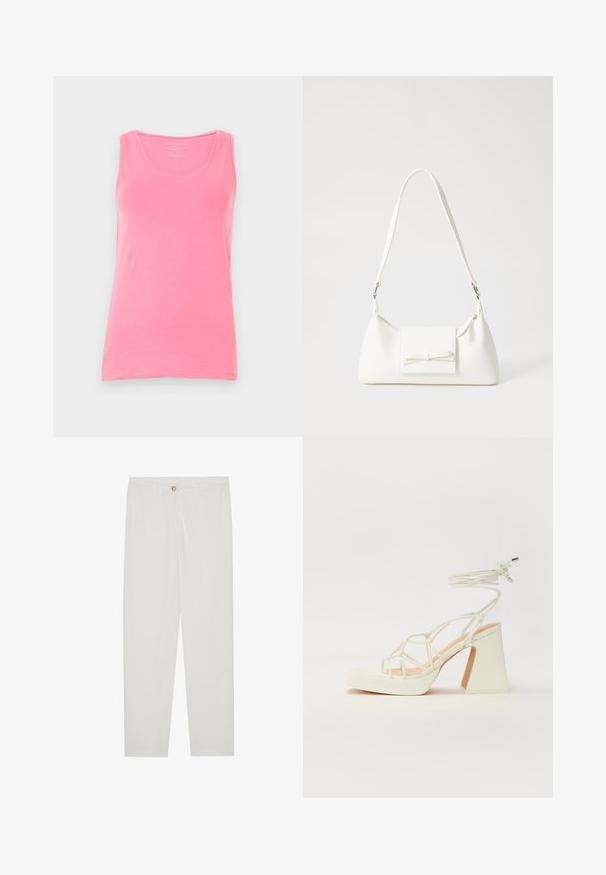 Lyserød tanktop lavet af blød stof, med en scoop neckline og smalle stropper. Glat tekstur med en tætsiddende pasform og uden mønstre.; Hvide, skrædderlavede bukser med lige ben design, udstyret med knaplukning, bæltesløjfer og sidelommer; glat stoftekstur.; Hvide højhælede sandaler med en kraftig hæl, der har et stropdesign og ankelbinding. Glat tekstur med en platform foran for ekstra højde.; Hvid syntetisk håndtaske med en trekantet form, flad forsideklap og sløjfedetalje, justerbar strop, glat tekstur og minimalistisk design.