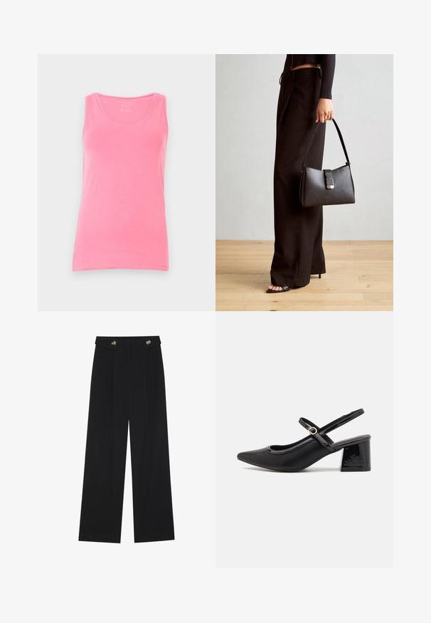 Top rosa de alças feito de um tecido suave, com decote redondo e alças finas. Textura lisa com um corte justo e sem padrões.; Calças largas pretas com cintura alta, detalhes em botão na cintura e pregas frontais.; Sabrinas de cerâmica preta com salto bloco, bico apontado e um design com recortes arredondados. Apresenta um detalhe em fivela de tom dourado.; Bolsa preta com forma estruturada, textura suave e um fecho metálico. Combinada com calças largas pretas e sandálias de salto aberto sobre um chão de madeira.