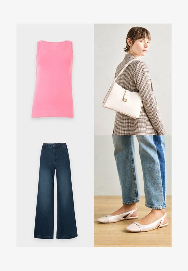 Pink tank top made from soft fabric, featuring a scoop neckline and narrow straps. Smooth texture with a fitted cut and no patterns.; Dark blue high-waist wide-leg denim jeans with front pockets and belt loops on a white background.; Pale pink slingback flats with a pointed toe, made from a smooth leather-like material. Features cut-out details at the sides and a flat heel.; White leather handbag with a structured design, featuring a magnetic clasp and a shoulder strap, showcased against a neutral background.