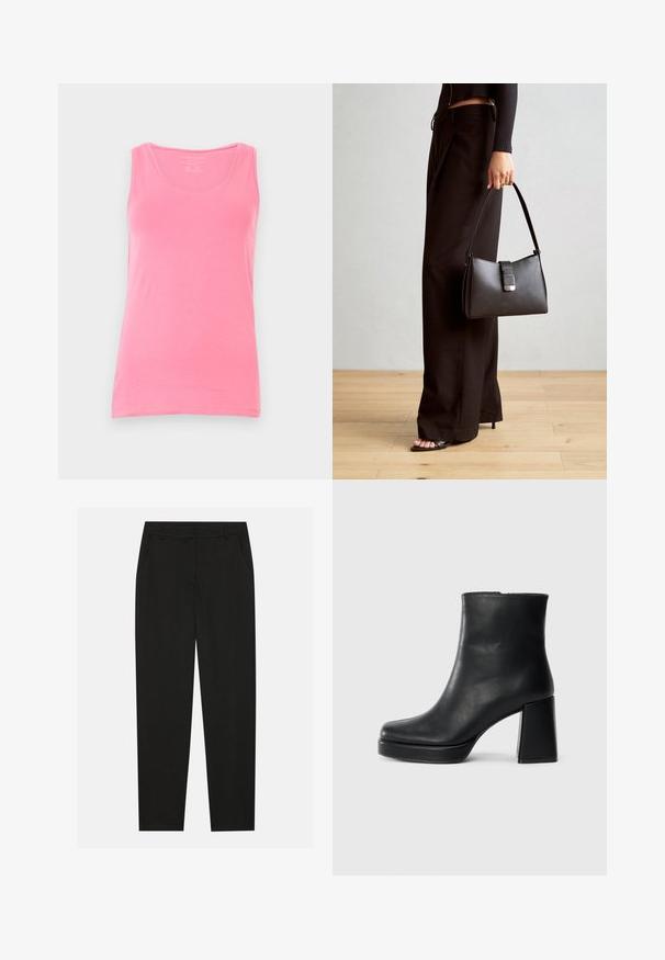 Růžový top bez rukávů vyrobený z měkké tkaniny, s výstřihem ve tvaru lodě a úzkými ramínky. Hladký povrch s těsným střihem a bez vzorů.; Černé kalhoty s vytvarovaným střihem, které mají boční kapsy a rovné nohavice. Vyrobené z hladkého, lehkého materiálu s elegantním povrchem.; Černý kožený kotníkový bot s blokovým podpatkem a platformou, viděný z boku na jednoduchém bílém pozadí.; Černá kabelka se strukturovaným tvarem, hladkým povrchem a kovovým uzávěrem. Kombinována s širokými černými kalhotami a sandály s otevřenou špičkou na dřevěné podlaze.