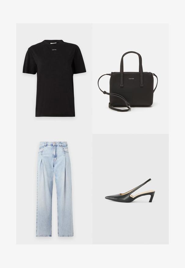 Sort bomulds t-shirt med korte ærmer, rund hals, med et lille hvidt "Calvin Klein" logo placeret centralt på brystet.; Lyseblå denim jeans med høj talje, bred benåbning, to sidelommer og plisseret design. Blød tekstur med et falmet finish.; Sorte spidse slingback-sko med en lav hæl, lavet af glat læder og med udskæringer på siden for åndbarhed.; Sort håndtaske med to korte håndtag og en aftagelig skulderrem. Glat læderagtigt materiale med lynlåslukning og logo detaljer.