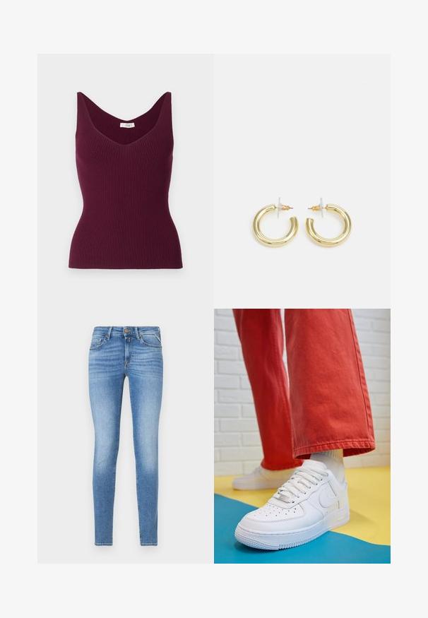 Bordeaux rib gebreide tanktop met een V-hals en brede schouderbanden, met een getailleerde pasvorm en subtiele textuur. Etiket leest "JDY."; Slim-fit lichtblauwe spijkerbroeken met een middelhoge taille, vooraan met knoopsluiting en een vijf-pocket ontwerp.; Witte leren sneaker met geperforeerde teenbox, gestructureerde zool en witte veters, gecombineerd met wijde rode broeken en een blauw-geel achtergrond.; Gouden creolen met een gladde, glanzende afwerking. Circulaire vormgeving met een kleine post en een doorzichtige achterkant voor een veilige draagervaring.