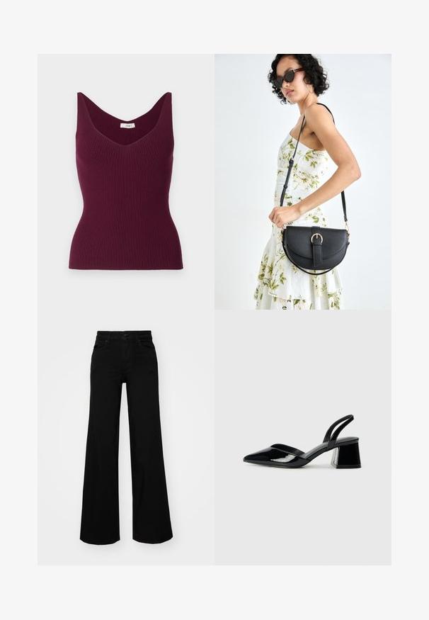 Burgundia soonik, millel on V-kujuline kaelus ja laiad õlavarre rihmad, sobiva silueti ja peene tekstuuriga. Etiketil on kirjas "JDY."; Mustad mustad püksid, mis on valmistatud denimist, struktuurse vöökohtade, vöökootidega ja esikottidega. Sile tekstuur klassikalise disainiga.; Mustad musta lakknahk kingad, millel on terav varvas ja geomeetriline plokkkonts. Omab elegantselt minimalistlikku disaini ja sujuvat tekstuuri.; Mustmust mustraha kõverate joontega, eemaldatava rihmaga ja kuldsete detailidega. Kotil on klapp, millel on pandladetail.