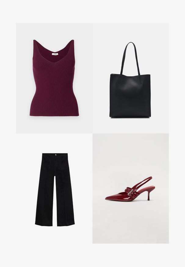 Top de tirantes acanalado burdeos con escote en V y tirantes anchos, con una silueta ajustada y una textura sutil. La etiqueta dice "JDY."; Pantalones de mezclilla negros de pierna ancha con cintura alta, bolsillos frontales, trabillas para cinturón y cierre de botón.; Zapatos de tacón tipo slingback en charol rojo con punta afilada, dos correas con hebilla y un tacón de stiletto delgado y de altura media. Textura suave.; Bolso tote de cuero negro con textura lisa, forma rectangular y dos asas largas. Sin herrajes ni adornos visibles.