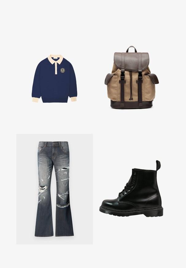 Polo majica dugih rukava tamnoplave boje s bež ovratnikom i manžetama, uz okrugli emblam s natpisom na lijevoj strani prsnog koša.; Džins jakne u tamnoplavom denimu sa razderotinama i izlizanim detaljima sprijeda. Ima pet džepova i zatvaranje na dugme.; Crne kožne čizme s zaobljenim vrhom, s vezanjem, šest rupica za vezice i teksturiranim gumennim potplatom. Uključuje trakicu za pomoć pri oblačenju na stražnjoj strani.; Platneni ruksak u boji smeđe bež s naglascima od smeđeg kože. Ima gornji poklopac, podesive naramenice i dva bočna džepa. Pravokutnog je oblika, čvrste izrade.