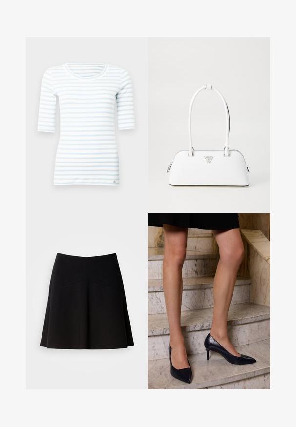 Light blue and white striped long-sleeve top made of soft cotton, featuring a round neckline and a small logo detail at the hem.; Black flared skirt made from soft fabric, featuring a fitted waistband and seam detailing. Smooth texture with a simple, classic design.; Navy blue high-heeled shoes with a pointed toe, featuring a smooth and textured finish resembling crocodile skin.; White leather handbag with a curved shape, featuring a silver triangular logo and zipper closure. Smooth texture and dual handles.