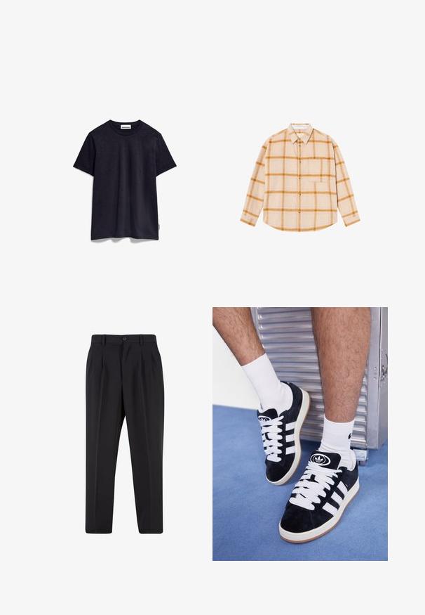 ARMEDANGELS JAAMEL STRUCTURE - T-Shirt basic - night sky; Langärmliges karierter Hemd in Beige mit gelben und braunen Karos, Knopfdesign, eine Brusttasche, aus einem strukturierten Stoff gefertigt.; Schwarze Hose mit plissiertem Vorderdesign, aus glattem Stoff gefertigt. Mit Knopfverschluss und Gürtelschlaufen; gerade Passform.; Schwarze Wildledersneaker mit weißen Schnürsenkeln und drei weißen Streifen. Verfügt über ein kreisförmiges schwarzes Logo auf der Zunge und eine Gummisohle.