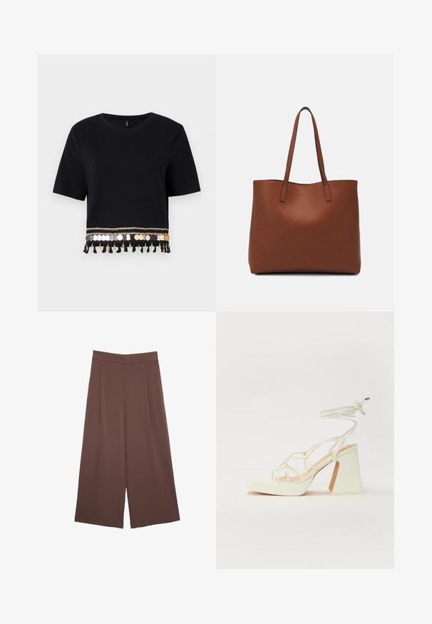 Czarna krótka koszulka z krótkimi rękawami, z ozdobnym wykończeniem ze złotych i srebrnych monet oraz frędzelków wzdłuż dolnej krawędzi.; Brązowe spodnie o szerokich nogawkach z gładką fakturą, z wysokim stanem i plisami z przodu. Materiał jest lekki i luźno opada.; Biała sandał na wysokim obcasie z masywnym słupkiem, z paskowym wzorem i wiązaniem przy kostce. Gładka faktura z platformą z przodu dla dodatkowej wysokości.; Brązowa skórzana torba tote o gładkiej fakturze, z otwartym wierzchem i dwoma ramiączkami. Charakteryzuje się minimalnym przeszyciem i brakiem widocznych elementów metalowych.