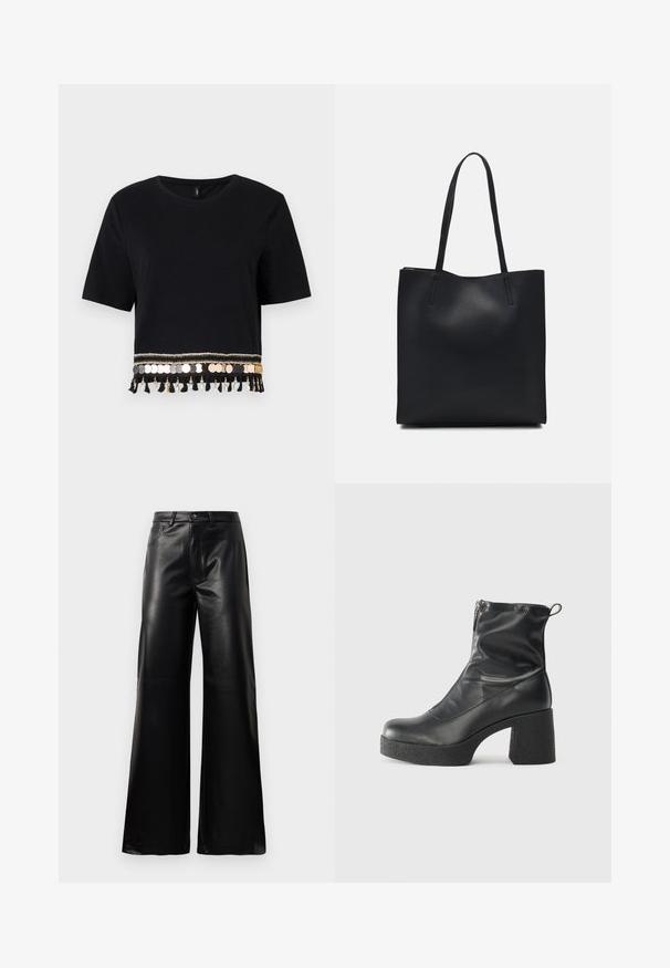 Melnā īsā krekla ar īsām piedurknēm, kuram ir dekoratīvais apdare ar zelta un sudraba monētām, kā arī pušķiem gar apakšmalu.; Melnas augstās jostas platajās kājās sintētiskās ādas bikses ar priekšējo pogu, rāvējslēdzēju, jostas cilpām un sānu kabatām uz baltā fona.; Melni potītes zābaki, kas izgatavoti no gludas ādas, ar sānu rāvējslēdzēju, masīvu strukturētu papēdi un noapaļotu purngalu.; Melnas ādas somiņa ar gludu tekstūru, taisnstūra formu un divām garām rokturiem. Nav redzamu aparatūras vai rotājumu.