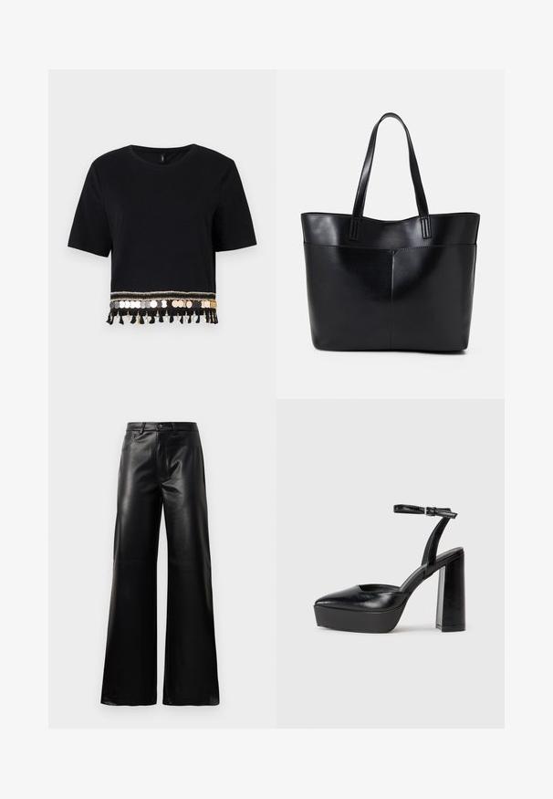 Černé zkrácené tričko s krátkými rukávy, zdobené zlatými a stříbrnými mincemi a třásněmi podél lemování.; Černé kalhoty s vysokým pasem a širokými nohavicemi z umělé kůže, s předním knoflíkem, zipovým zapínáním, poutky na pás a bočními kapsami na bílém pozadí.; Černé platformové podpatky s špičatou špičkou a nastavitelným kotníkovým popruhem. Vyrobeny z hladké kůže, s masivním blokovým podpatkem.; Černá kožená taška s dlouhými ušima, hladkým povrchem a strukturovaným tvarem. Obsahuje přední kapsu pro další úložný prostor.