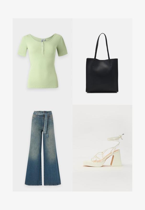 Lys grønn ribbet t-skjorte med scoop-hals, korte ermer og en fire-knapps placket foran. Myk, tettsittende tekstur.; Bredde ben jeans med en lyseblå til mørkeblå gradient, høyt liv, beltehemper og et matchende belte i samme stoff. Teksturert denimoverflate.; Hvit høyhælte sandal med kraftig hæl, med en stroppe-design og ankelbånd. Glatt tekstur med plattform foran for ekstra høyde.; Svart lær tote bag med glatt tekstur, rektangulær form og to lange håndtak. Ingen synlige deler eller dekorasjoner.