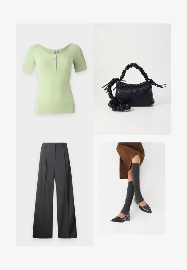 Světle zelené žebrované tričko s kulatým výstřihem, krátkým rukávem a four-button zapínáním vpředu. Měkká, přiléhavá struktura látky.; Široké kalhoty z tmavě šedé látky, s vysokým pasem, jedním skladem a hladkou texturou s čistým zakončením na lemech.; Černé lakované boty s špičatou špičkou, blokovým podpatkem a kotníkovým páskem, spárované s šedými žebrovanými návleky na nohy a hnědskou sukní z semiše.; Černá kabelka z umělé kůže s krokodýlím vzorem, staženým vrškem a zmačkaným popruhem. Zdá se, že má měkký a kompaktní design.
