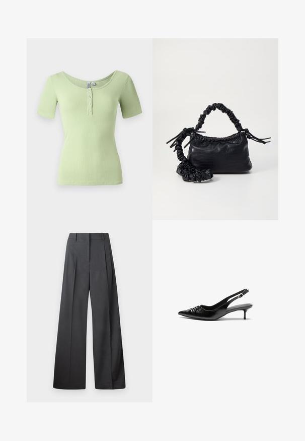 Világoszöld, bordázott, kerek nyakú póló rövid ujjal és négy gombos gombolással elöl. Puha, testhezálló anyag textúra.; Széles szárú nadrág sötétszürke anyagból, magas derekú, egyes redőkkel, sima textúrával és tiszta befejezéssel a szegélyeken.; Fekete bőrből készült slingback magassarkú cipők hegyes orral, kis francia sarokkal és díszes csomóval az elején. Az egész felületen sima textúra.; Fekete műbőr kézi táska krokodil bőr textúrával, összehúzható tetejű és gyűrt pánttal. Lágy és kompakt dizájnúnak tűnik.