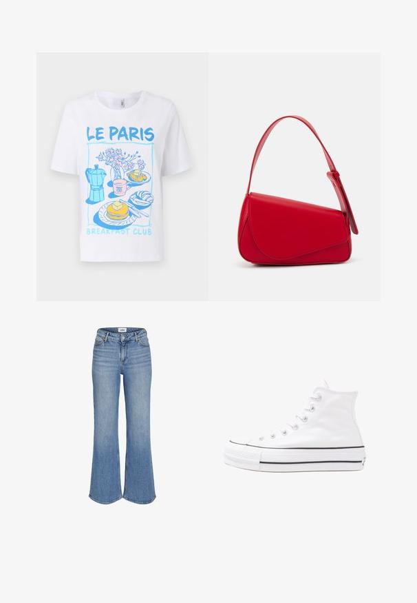 Camiseta de algodón blanca con un diseño gráfico que presenta ilustraciones en azul y rosa de alimentos del desayuno, incluyendo pancakes, café y croissants.; Vaqueros de mezclilla de color azul claro, acampanados, con una cintura alta. Presentan bolsillos delanteros, una cremallera y un ligero desgaste. Las costuras son visibles a lo largo de los bordes.; Zapatilla de lona alta blanca con suela de goma negra, puntera de goma frontal y seis ojetes para los cordones, que presenta un diseño limpio y minimalista.; Bolso de cuero rojo con un diseño angular y geométrico. Cuenta con una única correa ajustable y un cierre de solapa con detalles de costura.