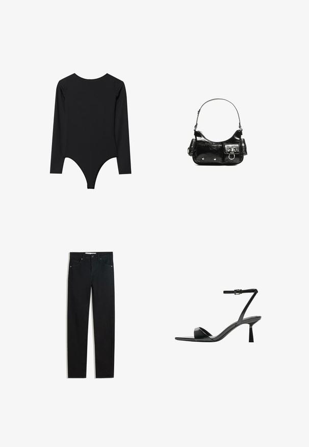 Zwarte lange mouwen bodysuit met een ronde hals, aansluitend ontwerp en een stringonderkant. Glad textuur, minimale naden, geen zichtbare hardware.; Zwarte denimbroek met een recht silhouet, vijf zakken, metalen knoopsluiting en subtiele stikdetails. Gladde textuur.; Bershka Sandalen met hoge hak - black; Zwarte laarzen in lakleer met een gebogen vorm, één schouderband, voorvakken en accenten in zilverkleurig metaal.