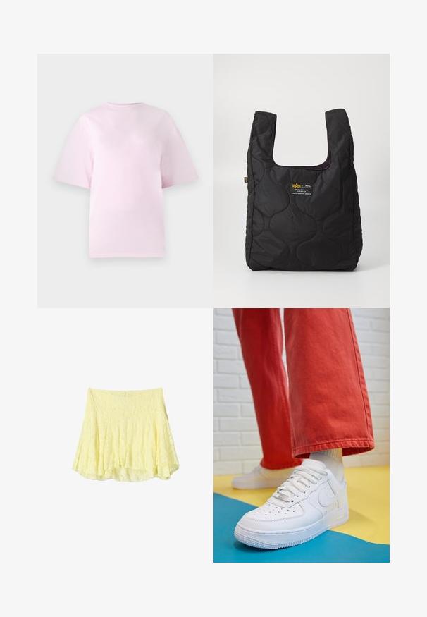 Jasnoróżowa koszulka z krótkim rękawem, wykonana z miękkiej bawełny, z okrągłym dekoltem i luźnym krojem. Gładka faktura bez wzorów czy akcentów.; Żółta spódnica w kształcie dzwonu, wykonana z teksturowanej tkaniny, z warstwowym wzorem i lekko nierównym dołem. Lekka i zwiewna w wyglądzie.; Białe skórzane sneakersy z perforowanym czubkiem, teksturowaną podeszwą i białymi sznurowadłami, w połączeniu z szerokimi czerwonymi spodniami na niebiesko-żółtym tle.; Czarny pikowany torba na zakupy z dużym otworem, zakrzywionymi kształtami na powierzchni oraz metką z żółtym i białym tekstem z przodu.; Srebrne kolczyki w formie obręczy o minimalistycznym designie. Okrągły kształt, gładka faktura i cienki profil. Lekkie, z polerowanym wykończeniem.