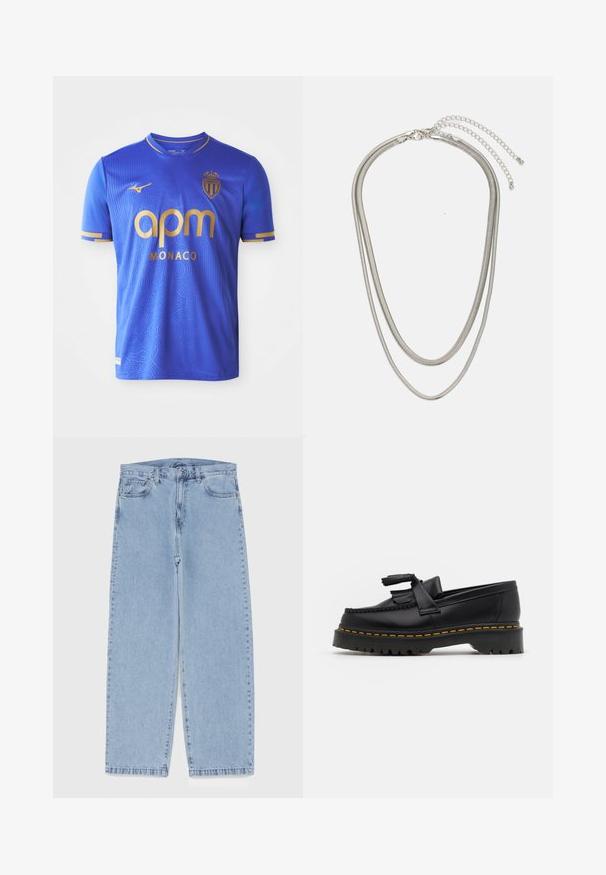 Niebieska koszulka piłkarska z fakturowanym wzorem, złotymi akcentami, okrągłym dekoltem, krótkimi rękawami i logo po lewej stronie klatki piersiowej.; Jasnoniebieskie dżinsy o prostym kroju nogawki, z średnim stanem, pięcioma kieszeniami oraz zapięciem na guzik i zamek błyskawiczny.; Czarny skórzany mokasyn z frędzelkowymi akcentami, z masywną czarną podeszwą i żółtym przeszyciem wzdłuż krawędzi. Teksturowane wykończenie.; Trójwarstwowy naszyjnik ze srebrnego metalu z eleganckimi, elastycznymi łańcuszkami o delikatnym połysku, zapinany na karabińczyk i regulowany.