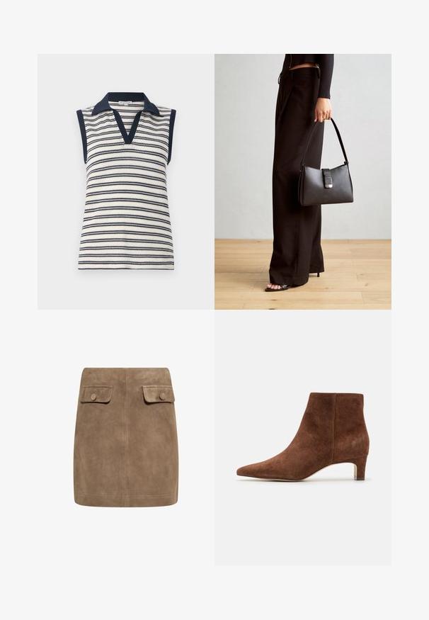 Ujjatlan V nyakú blúz fehér és sötétkék csíkokkal. Egyszínű sötétkék gallérral és szegéllyel rendelkezik. Kötött textúra vízszintes csíkos mintázattal.; Barna szarvasbőr mini szoknya sima textúrával, két elülső hajtókával és gombos záródásokkal mindkét oldalon. Egyszerű, egyenes szabás.; Anna Field LEATHER - Bokacsizmák - tan; Fekete kézi táska strukturált formával, sima textúrával és fémből készült záródással. Széles fekete nadrággal és nyitott orrú szandállal párosítva, fából készült padlón.