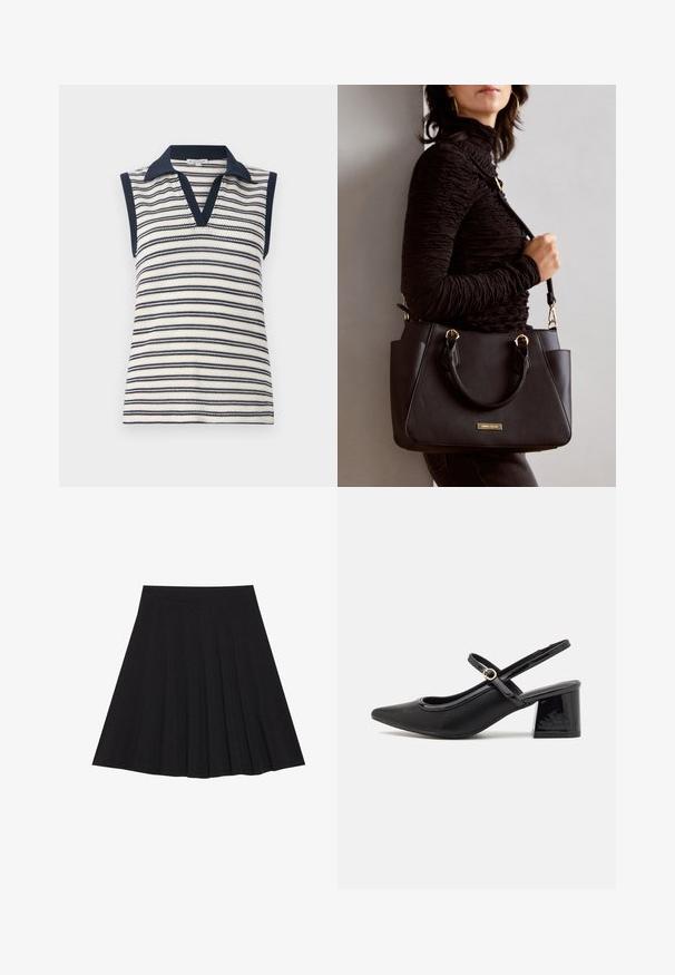 Uten ermer V-hals topp i hvite og marineblå striper. Har en solid marineblå krage og kanting. Strikket tekstur med horisontalt stripe mønster.; Svart plisserte skjørt laget av teksturert stoff med en tettsittende linning. Går til knelengde, med en glatt, ren silhuett.; Sorte lakk lær slingback hæler med spiss tå, et avrundet utskjæringsdesign og blokkheel. Har en gulltone spenne som detalj.; Svart håndveske med teksturert overflate, doble topphåndtak og justerbar skulderrem. Har detaljer i gulltone og sidelommer.