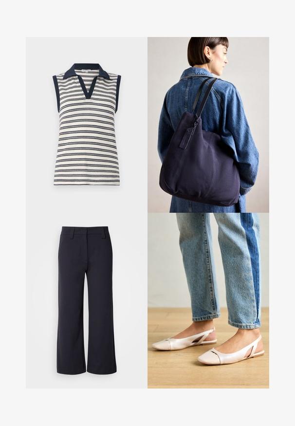 Top sem mangas em riscas brancas e azul-marinho. Apresenta um colarinho e bordas em azul-marinho sólido. Textura de malha com padrão de riscas horizontais.; Calças largas de tecido azul marinho escuro. Apresentam uma frente lisa, passantes para cinto e bolsos laterais. O material é suave com um ligeiro alongamento.; Sapatilhas slingback de cor rosa pálido com bico fino, feitas de um material semelhante a couro liso. Apresentam detalhes recortados nas laterais e um salto plano.; Bolsa de ombro em lona azul-marinho com uma forma suave e estruturada, apresentando uma alça preta, detalhes de costura e uma pequena etiqueta da marca.