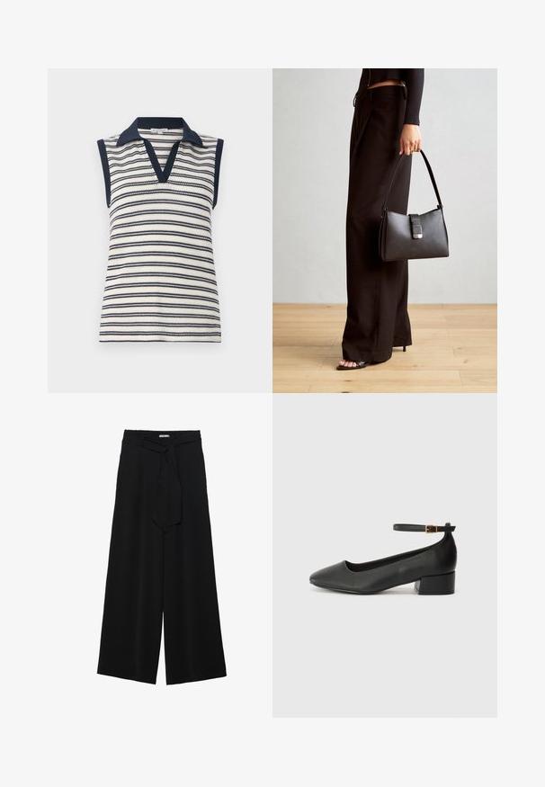 Bezrękawowa bluzka z dekoltem w serek w białe i granatowe paski. Posiada granatowy kołnierzyk i wykończenia. Pleciona faktura z poziomym wzorem pasków.; Czarne spodnie szerokie z teksturowanej tkaniny, z elastycznym paskiem w talii i odpinanym paskiem w talii dla regulowanego dopasowania.; Czarne skórzane szpilki z ostrym noskiem i niskim słupkowym obcasem. Wyposażone w pasek na kostkę z złotym zapięciem. Gładka tekstura.; Czarna torebka o usztywnionym kształcie, gładkiej fakturze i metalowym zapięciem. Połączona z szerokimi czarnymi spodniami i sandałami na otwartym palcu na drewnianej podłodze.
