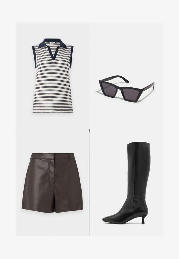 Haut sans manches à col en V en rayures blanches et bleues marines. Caractéristiques d'un col et d'un ourlet bleu marine unis. Texture en maille avec un motif de rayures horizontales.; Shorts en cuir marron avec une texture lisse, dotés d'une couture à l'avant, de passants de ceinture et de deux poches latérales. Conçus pour une silhouette ajustée.; Zign Bottes - black; Lunettes noires angulaires avec des verres gris ; fabriquées en plastique, avec des branches épaisses à la surface lisse et sans matériel visible.; Sac à main en cuir marron avec deux poignées robustes, de forme rectangulaire, texture lisse et fermeture zippée. Design minimaliste sans motifs visibles.